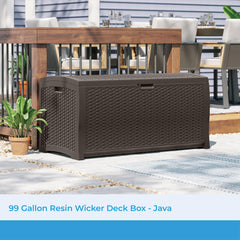 Suncast deck box open with hinged lid for quick access and convenience