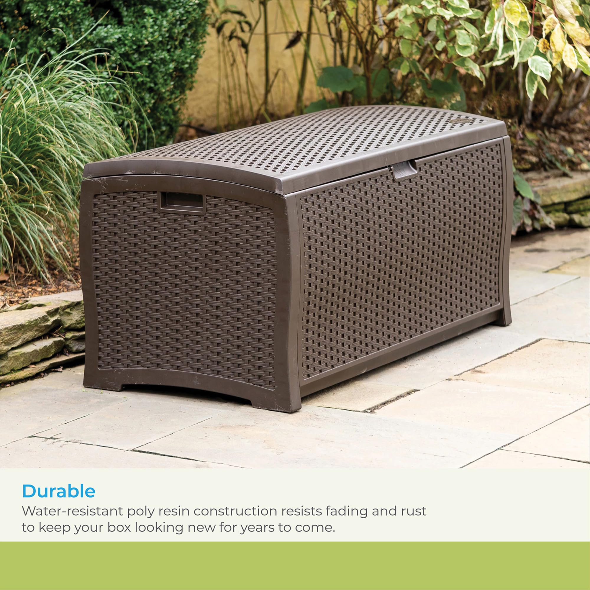 Suncast deck box next to tape measure demonstrating roomy 50-inch length