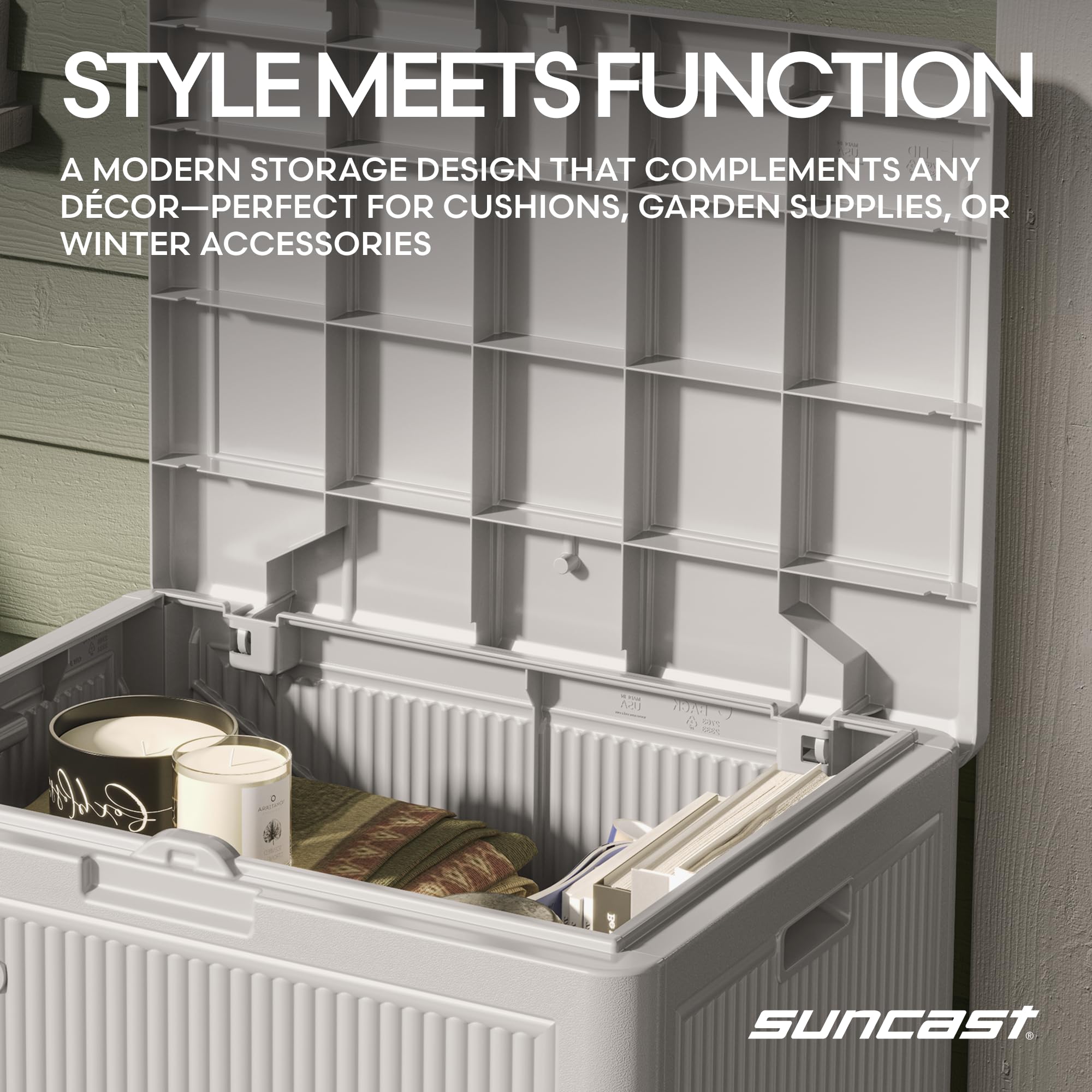 Suncast box beside chair illustrating scale and small-footprint benefit