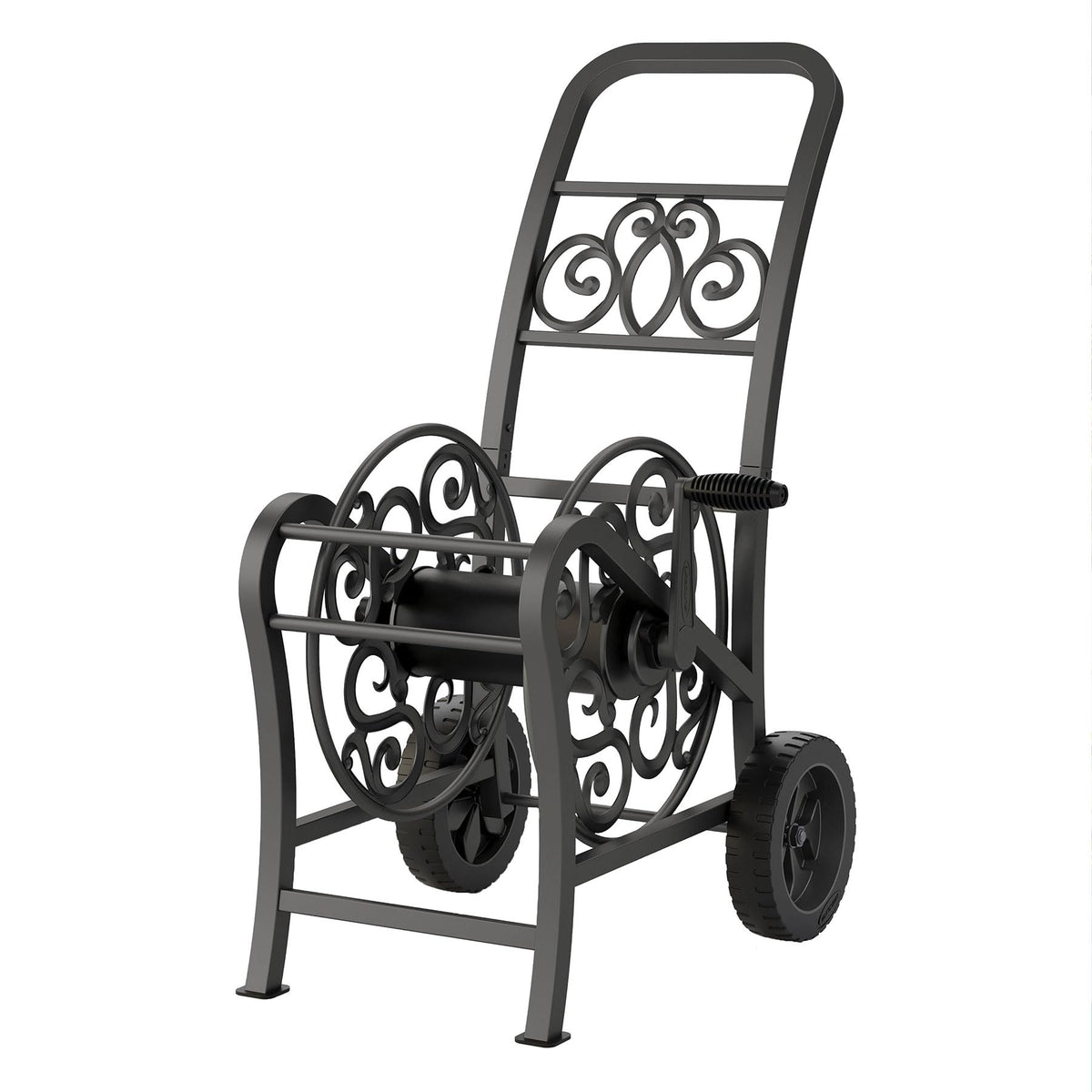 Suncast cart front view showing elegant scrollwork and storage benefit