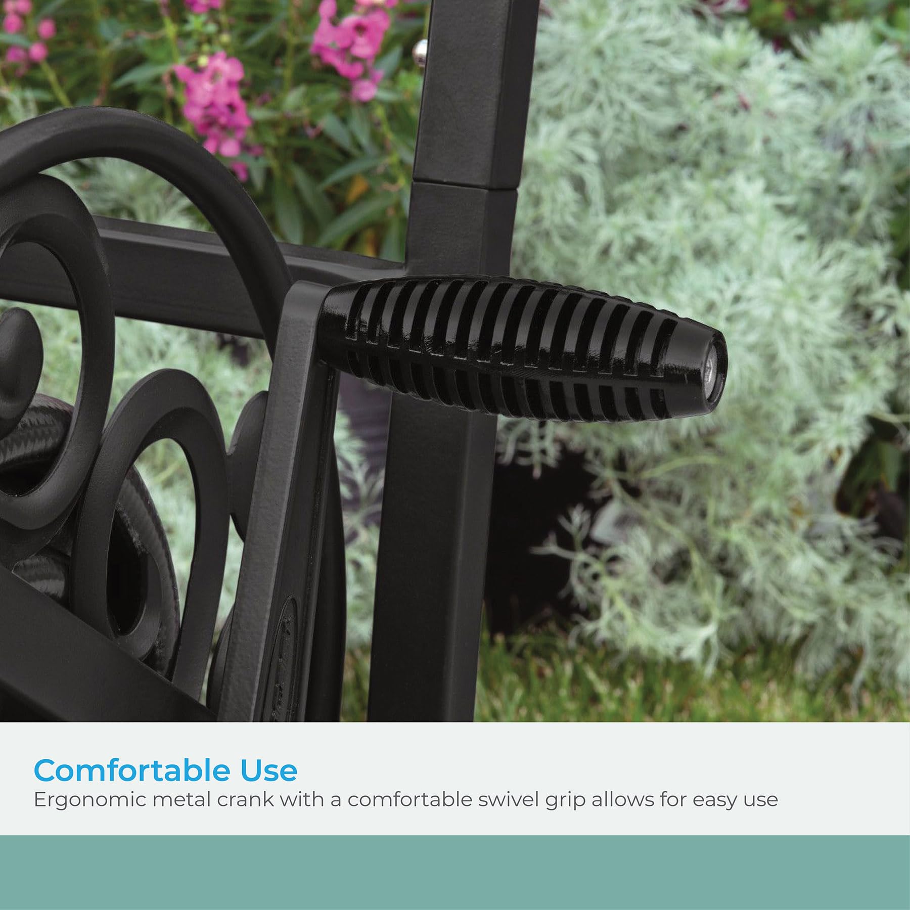 Suncast wheel and foot cap image showing easy mobility and surface protection