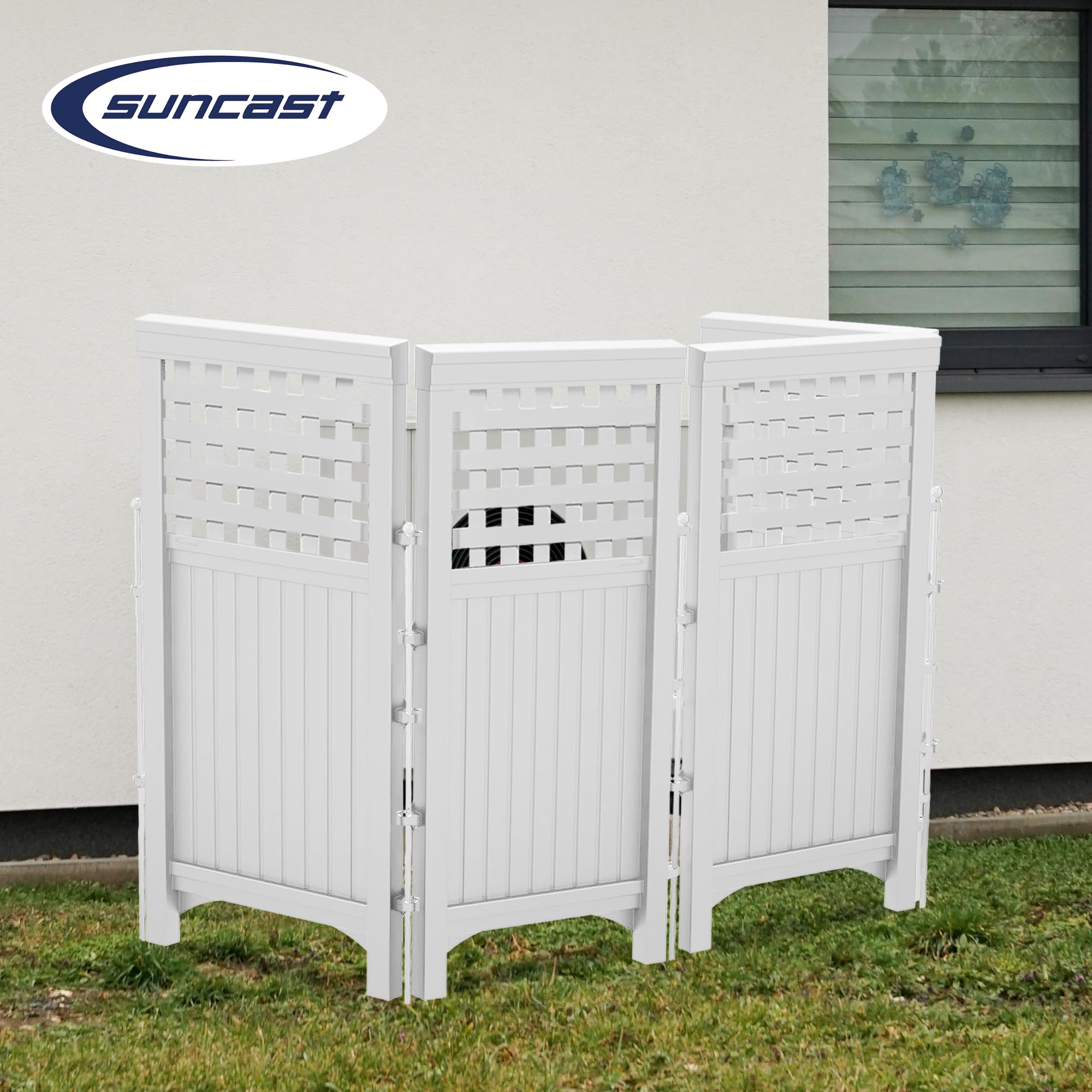 Suncast screen enclosing garbage cans for tidy outdoor storage benefit