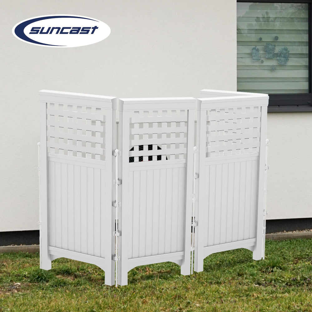 Suncast screen enclosing garbage cans for tidy outdoor storage benefit