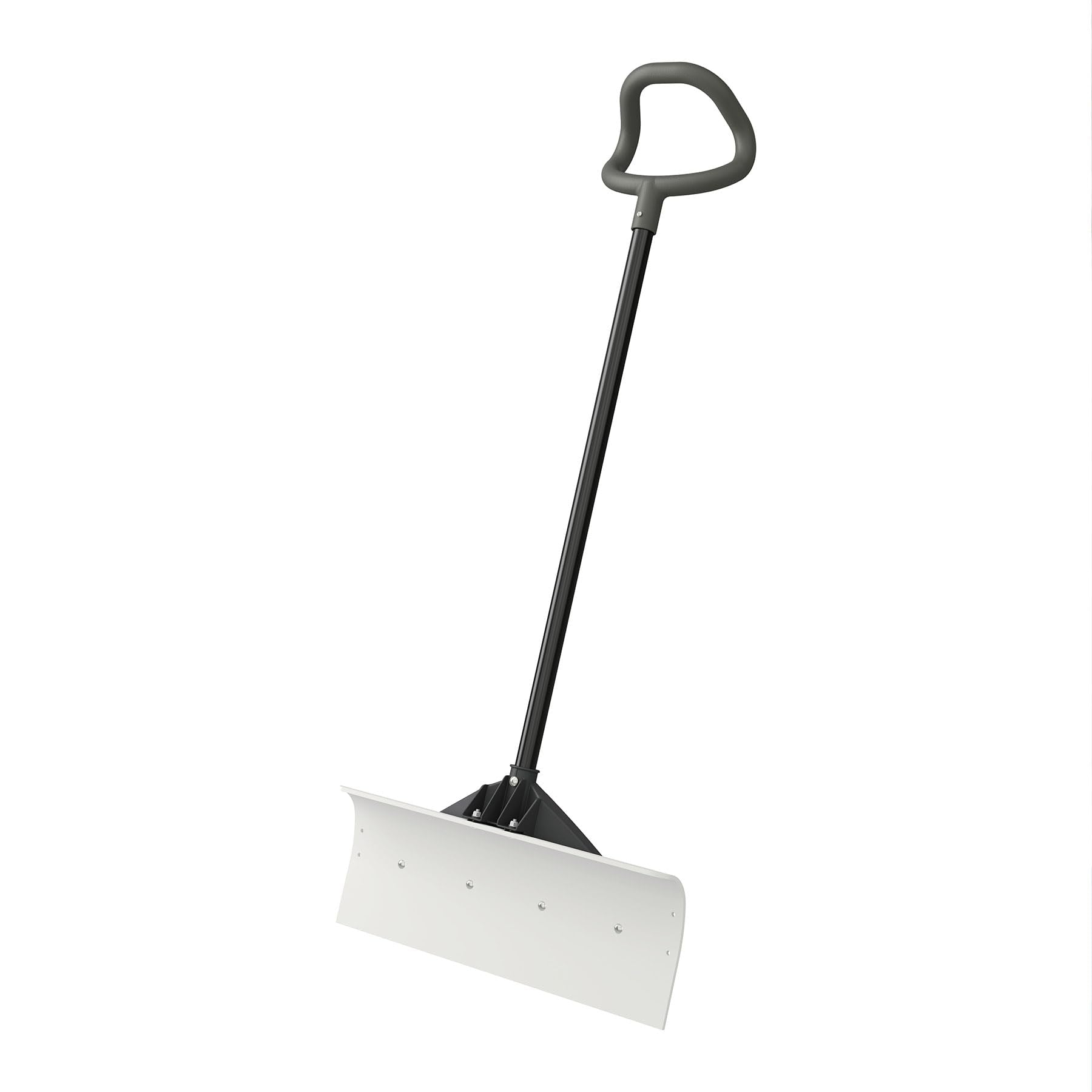 Suncast front view of 24-inch snow pusher showing blade and handle, quick clearing benefit