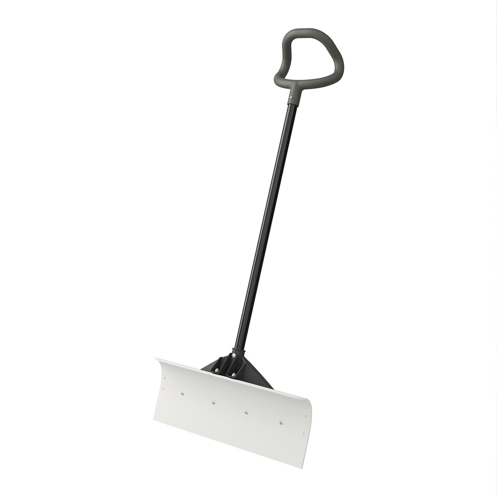 Suncast front view of 24-inch snow pusher showing blade and handle, quick clearing benefit