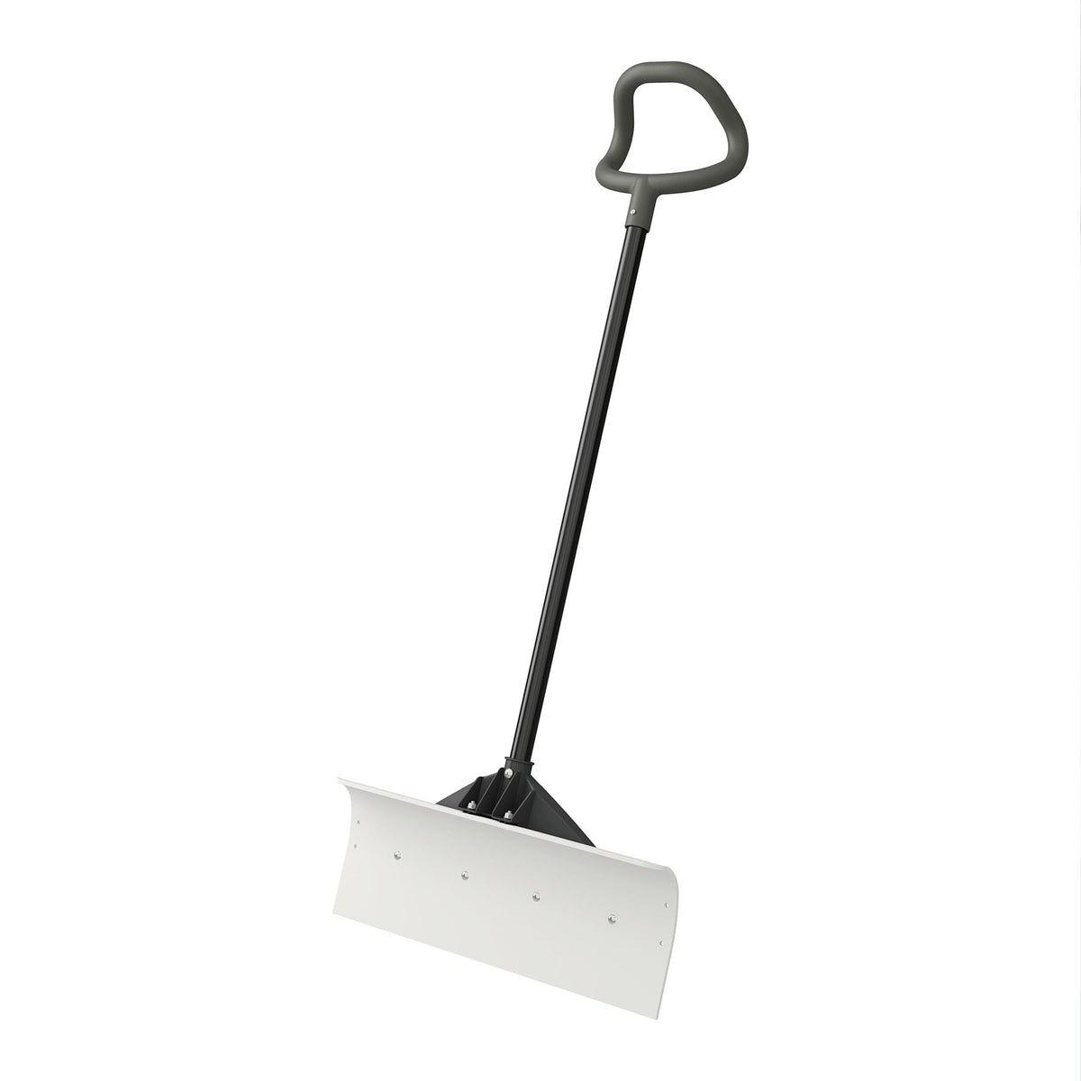 Suncast front view of 24-inch snow pusher showing blade and handle, quick clearing benefit