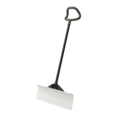Suncast front view of 24-inch snow pusher showing blade and handle, quick clearing benefit