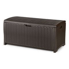Suncast front view of mocha brown storage box showing wicker design and secure storage benefit
