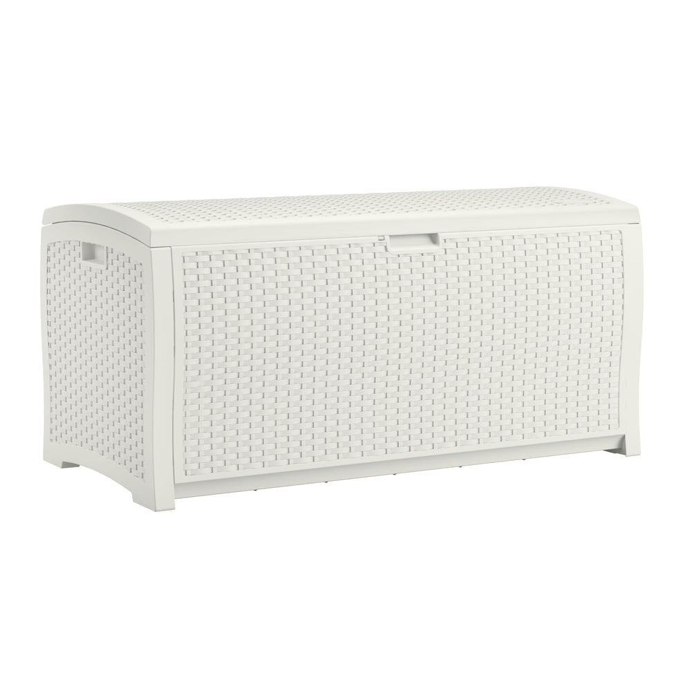 Suncast front view of white deck box showing full storage benefit