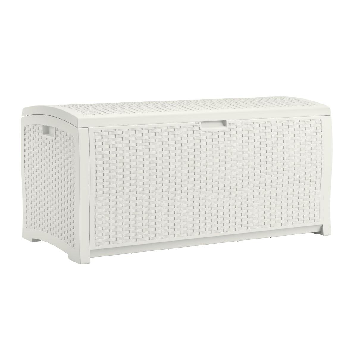 Suncast front view of white deck box showing full storage benefit