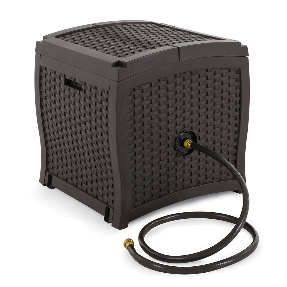 Suncast front view of mocha wicker-style hose reel showing tidy storage benefit