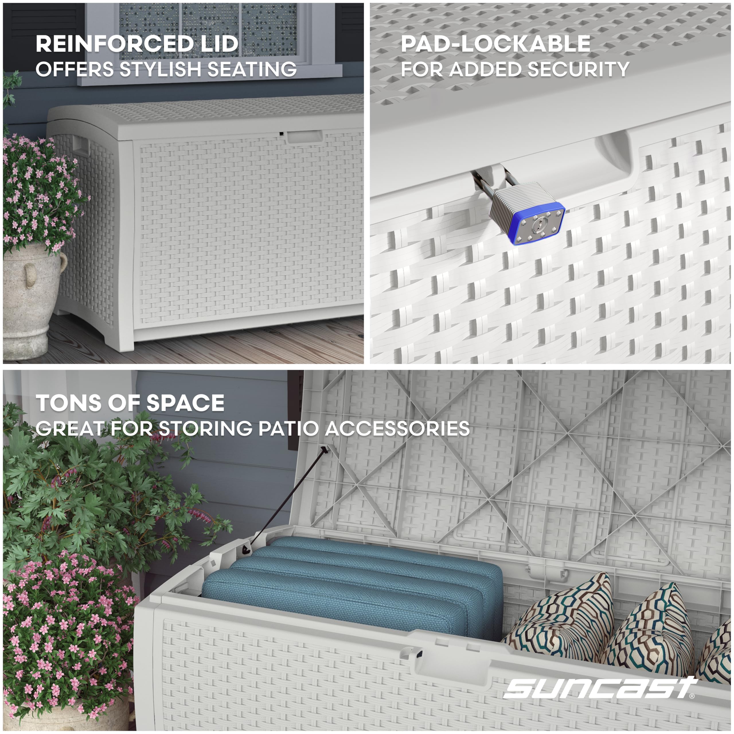 Suncast hinged lid detail showing rust-resistant hardware benefit