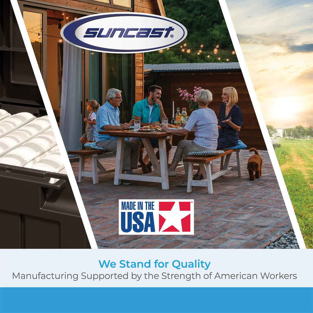 Suncast cart placed in garden showing organized hose and tidy landscaping