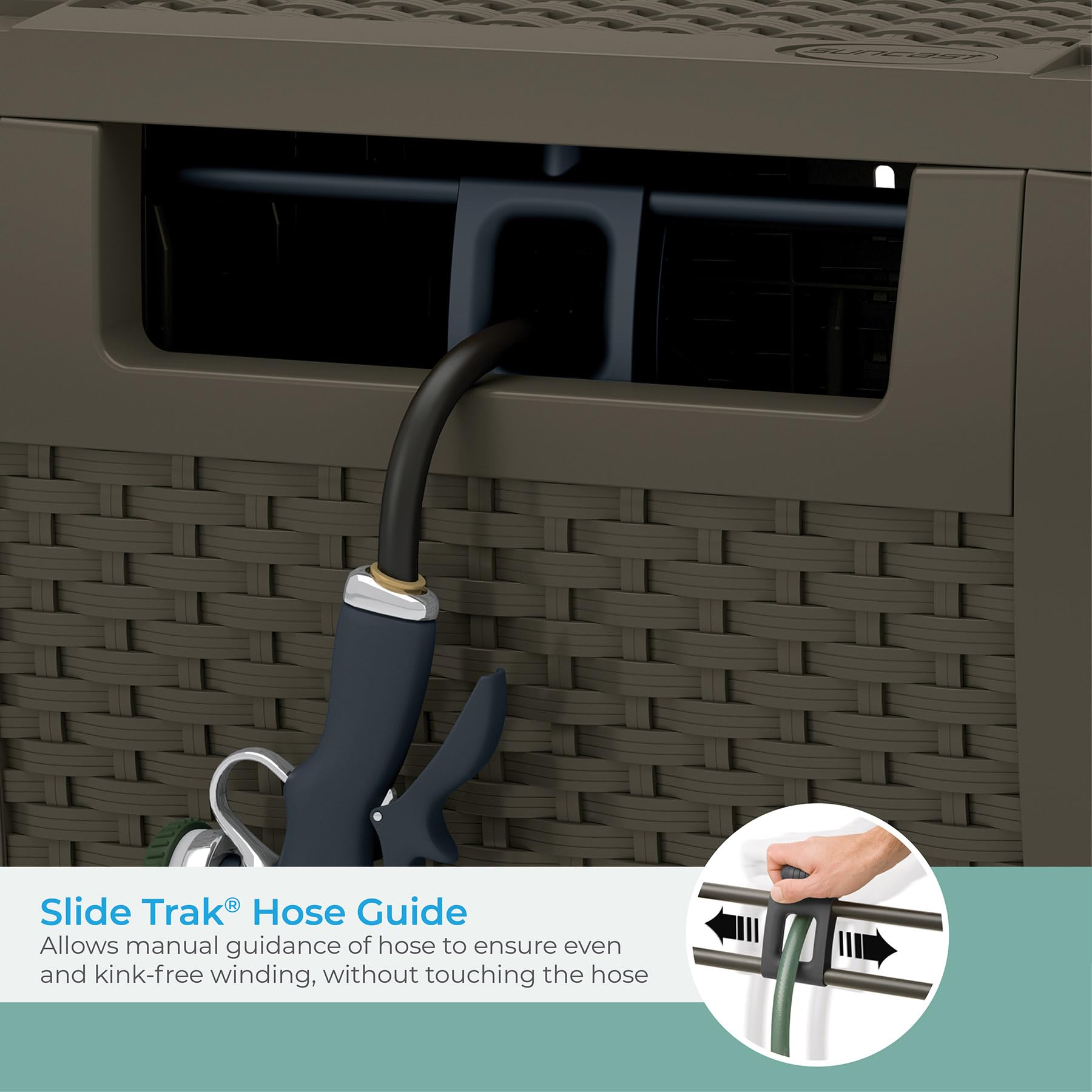 Suncast slide trak hose guide in use demonstrating tangle-free winding