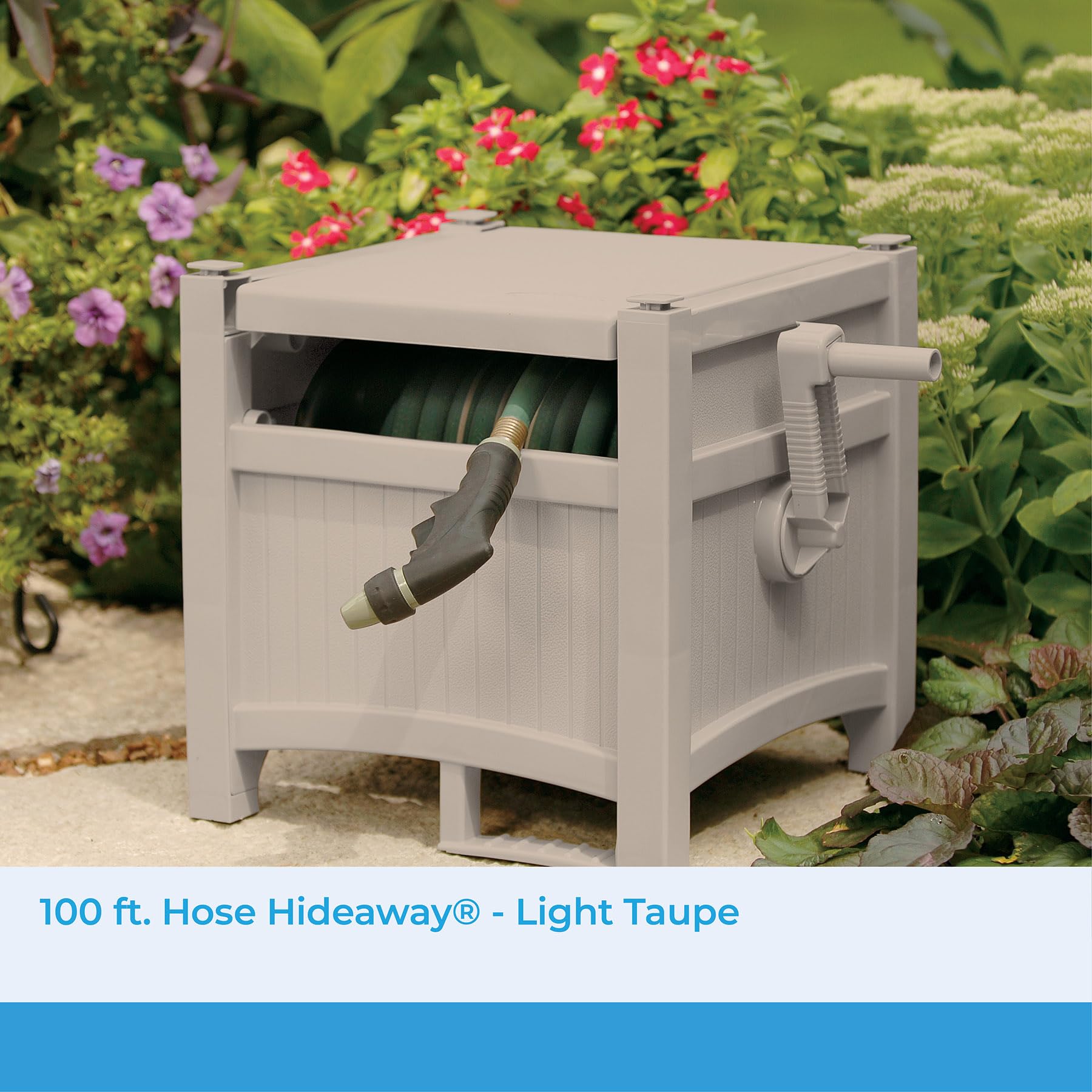Suncast open lid revealing coiled hose and organized storage benefit