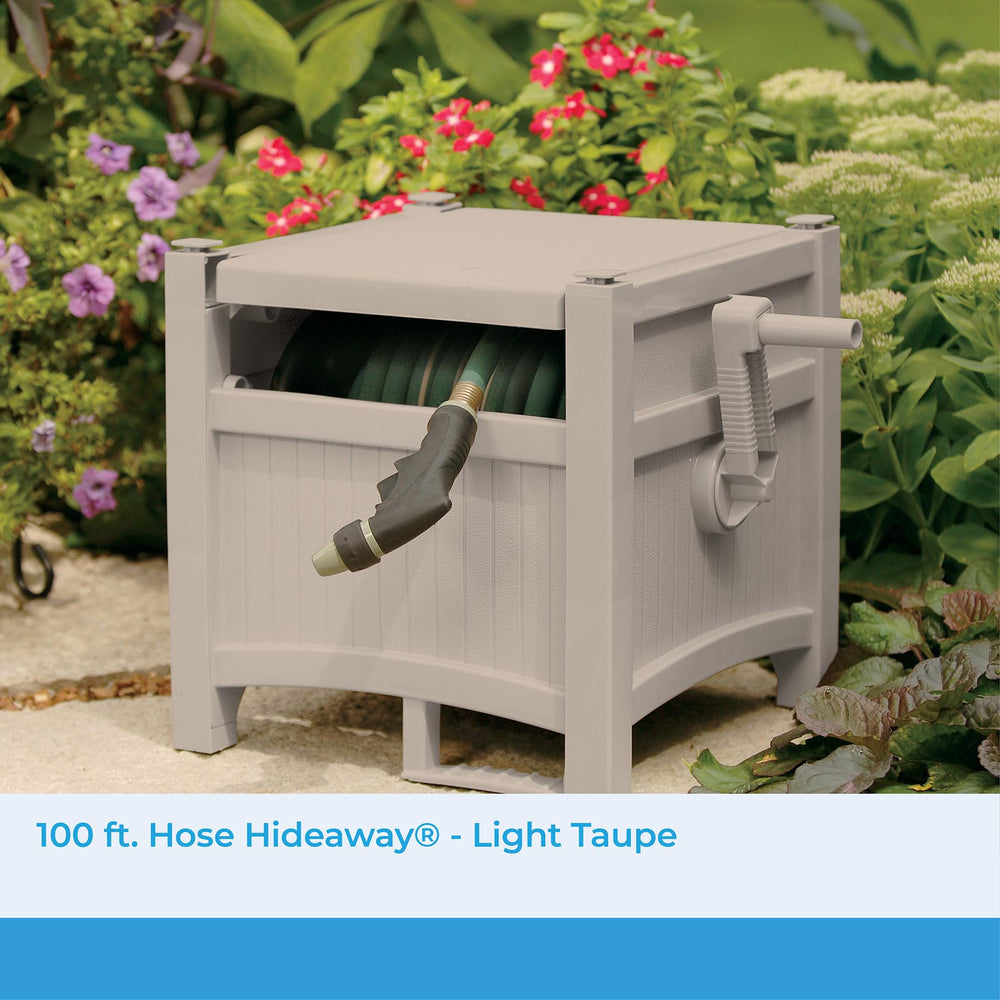 Suncast open lid revealing coiled hose and organized storage benefit