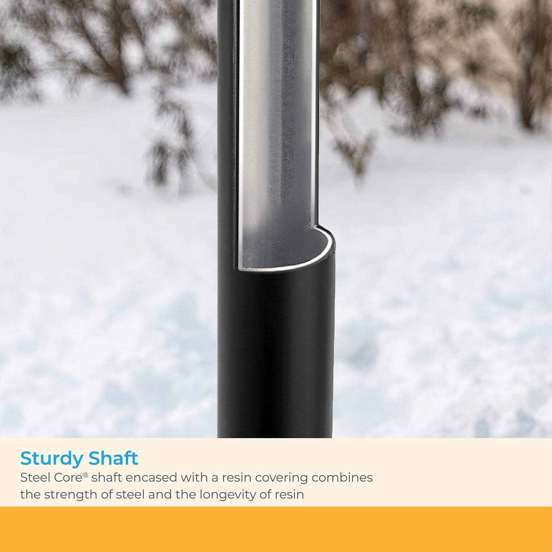 Suncast snow pusher in use clearing a driveway, speeds up snow removal