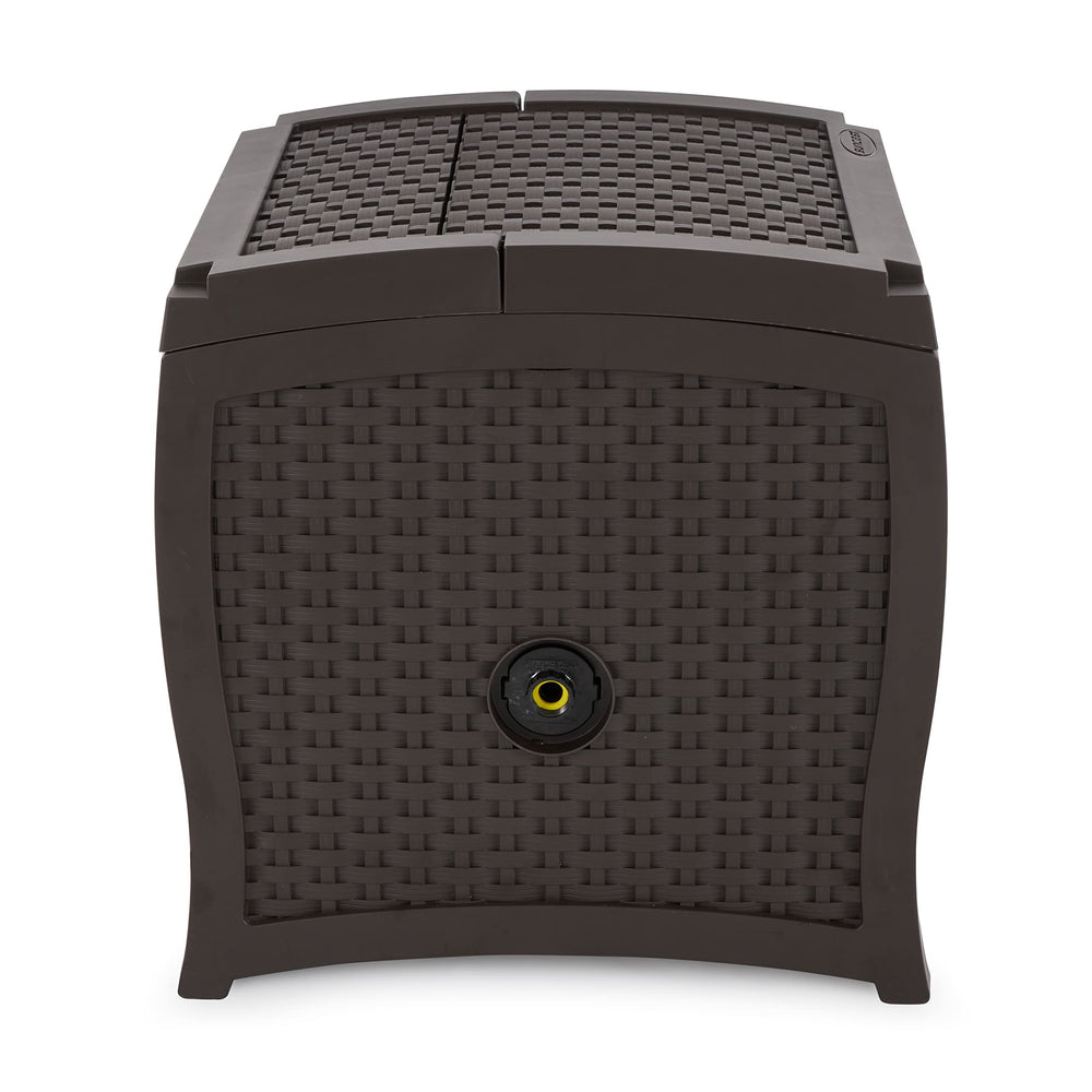 Suncast in-use in garden with hose extended showing easy watering benefit