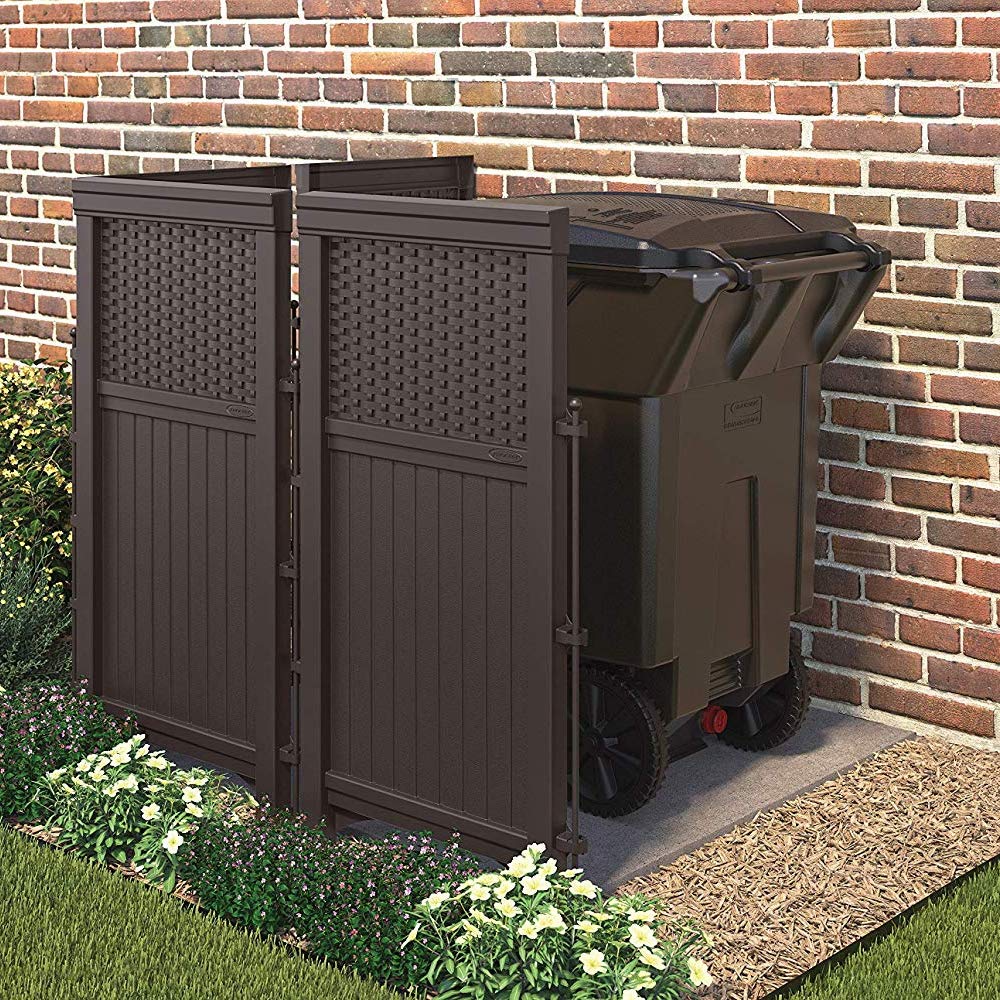 Suncast enclosure in use hiding an air conditioner and improving yard appearance