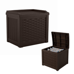 Suncast front view of Java deck box showing compact storage benefit