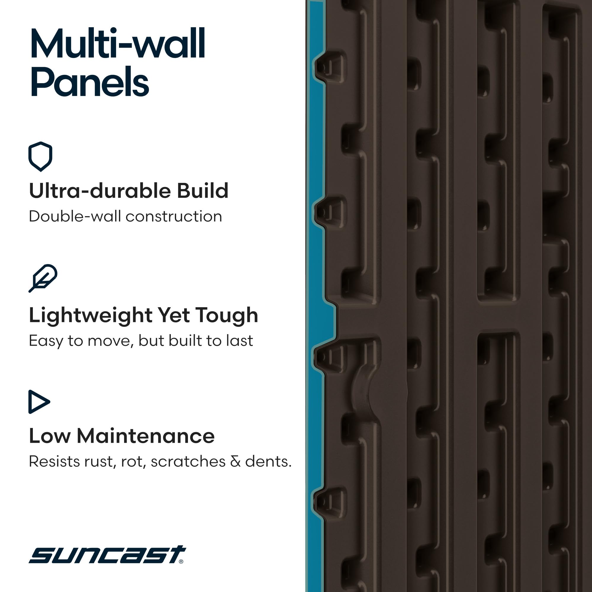 Suncast lid detail showing sturdy hinge for secure access