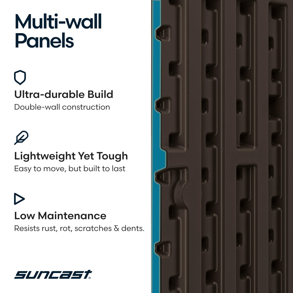 Suncast lid detail showing sturdy hinge for secure access