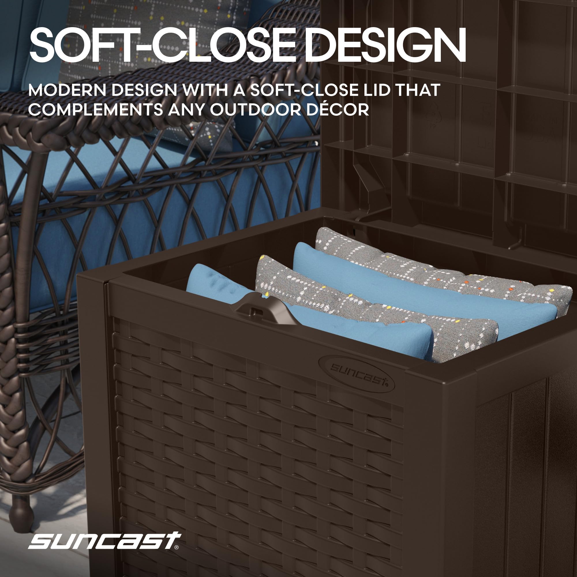 Suncast on balcony in lifestyle scene improving outdoor organization