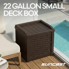 Suncast open lid revealing 22-gallon interior for organized storage