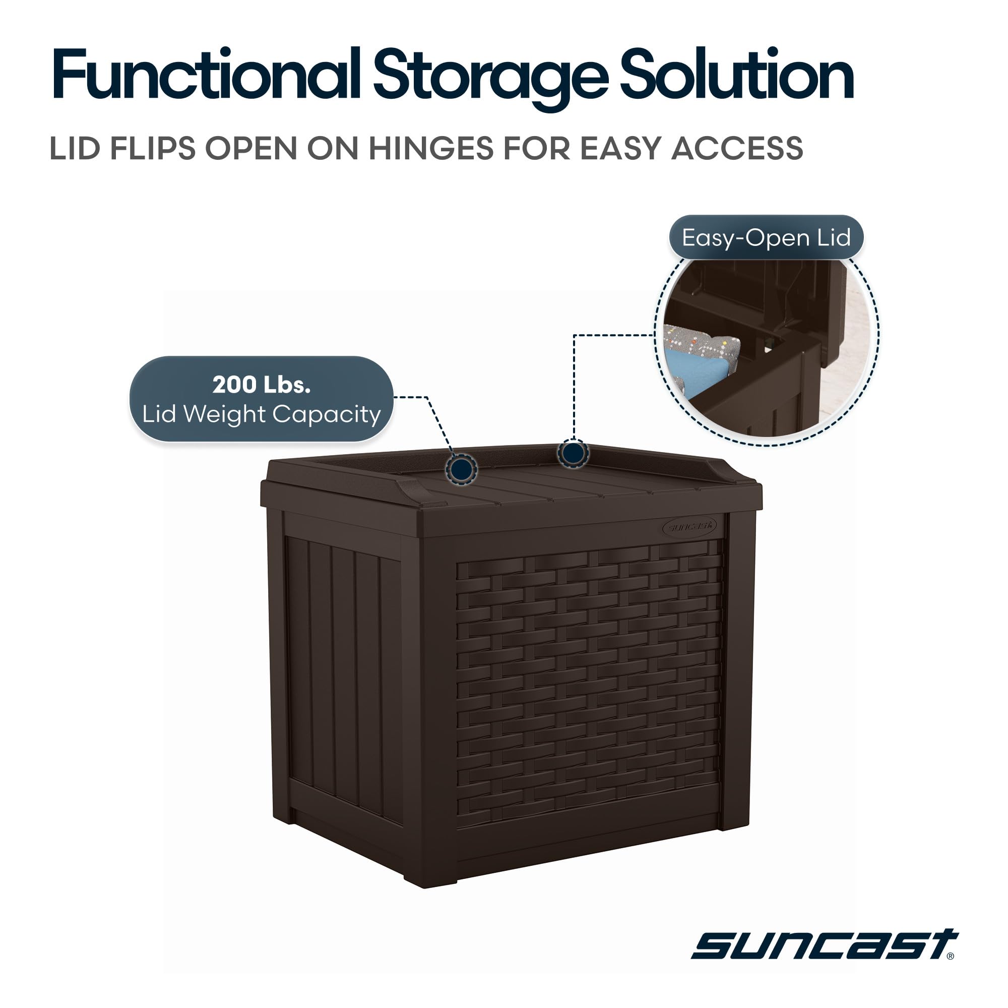 Suncast next to chair showing scale for small-space fit