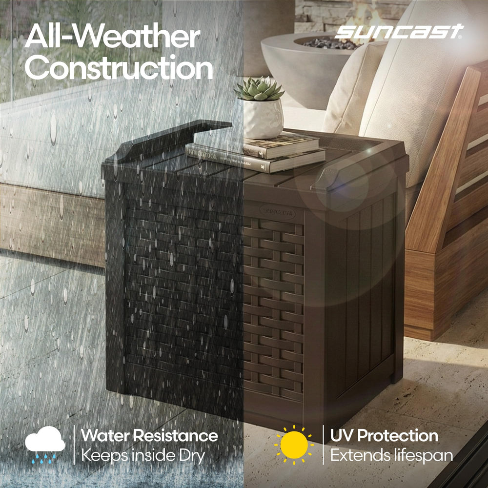 Suncast filled with pool towels illustrating weatherproof protection