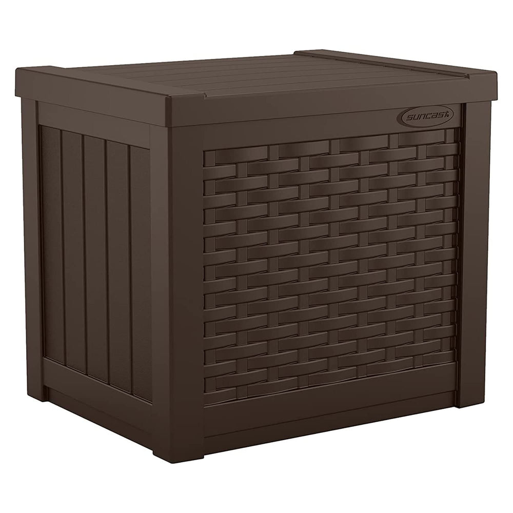 Suncast Java deck box front view showing compact storage and curb appeal