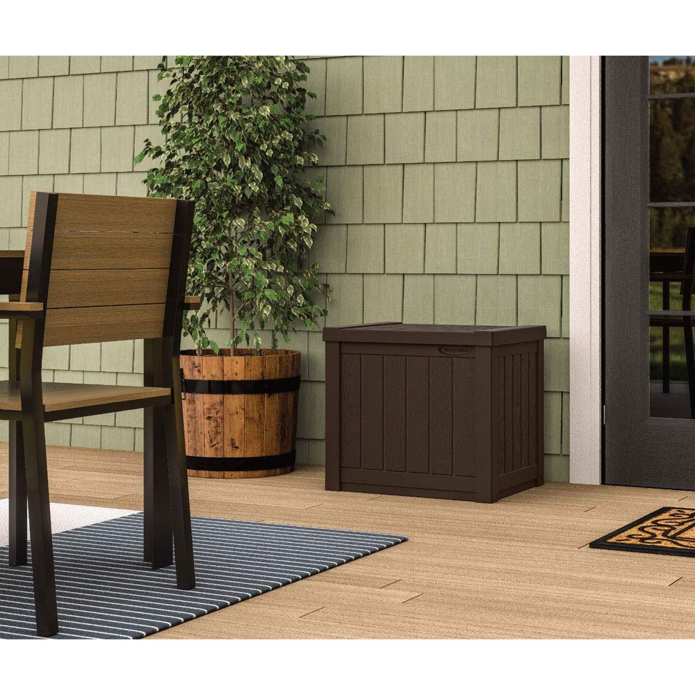 Suncast deck box pictured with cushions to show scale and useful capacity