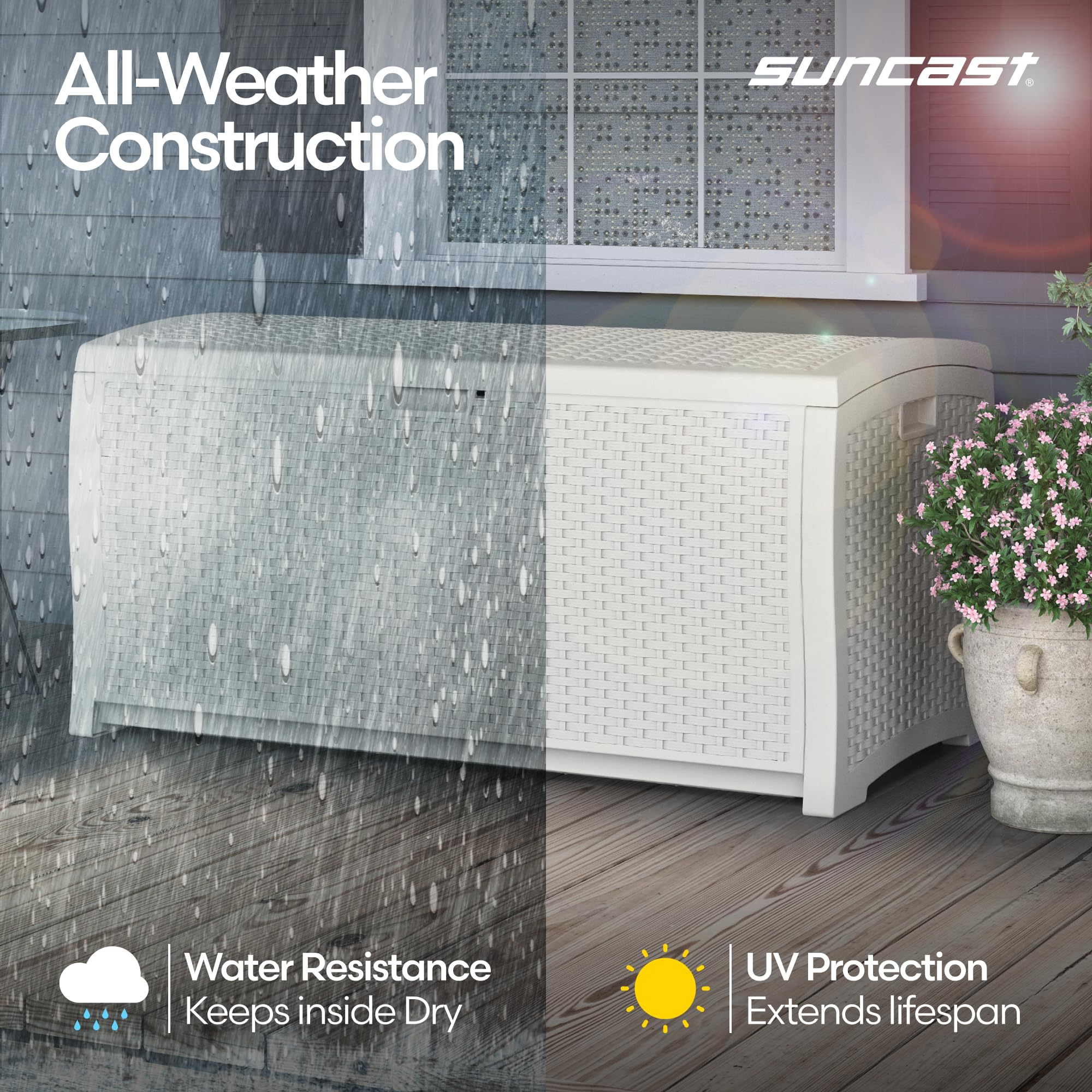 Suncast on patio beside furniture showing organized outdoor living