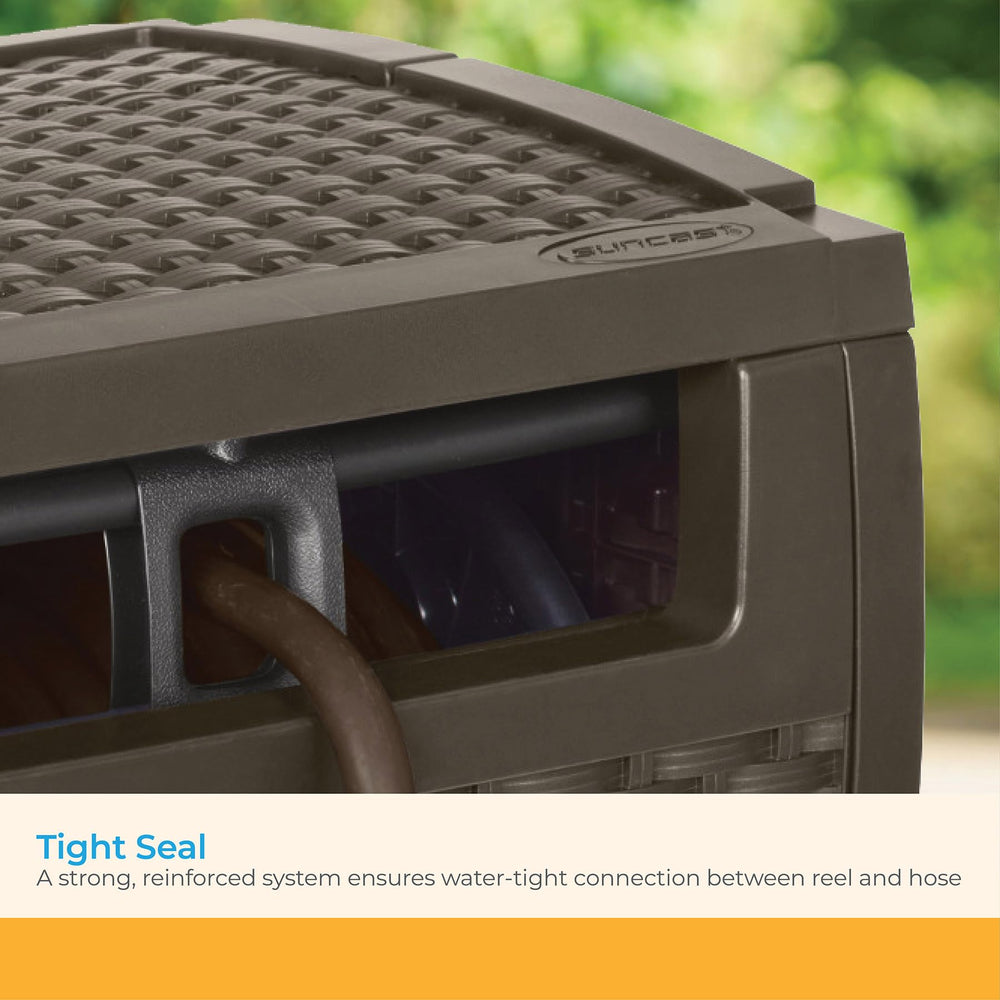 Suncast open interior with coiled hose showing ample 175 ft capacity
