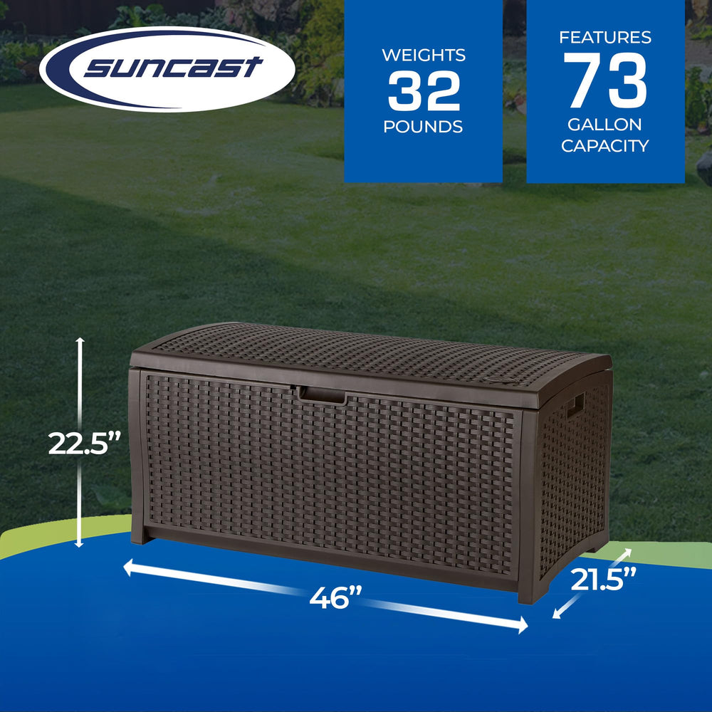 Suncast open lid revealing 73-gallon interior and organized storage benefit