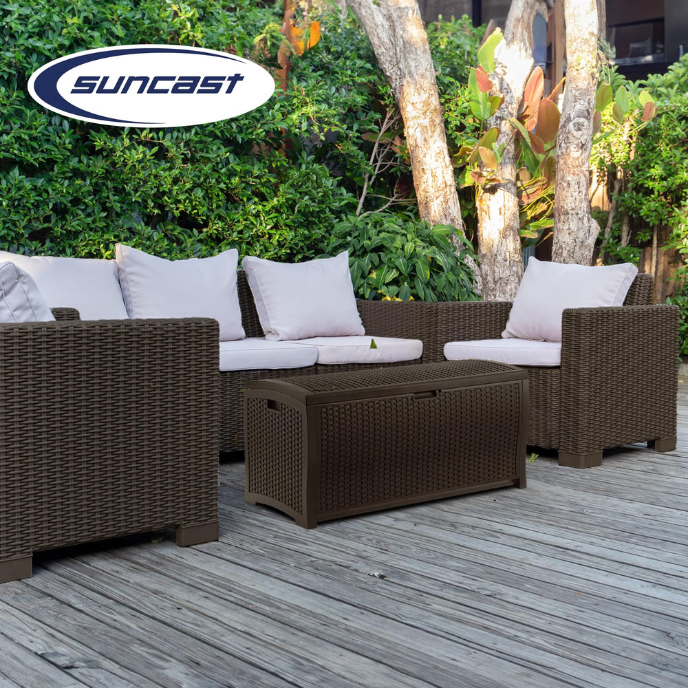 Suncast lid used as seat demonstrating 300 lb support and space-saving benefit