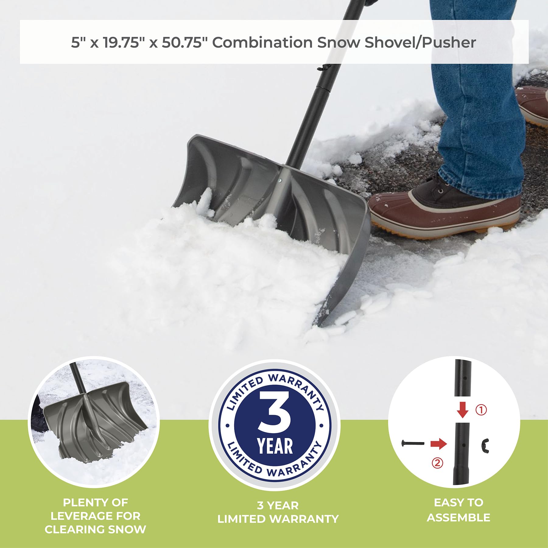 Suncast shovel clearing a driveway demonstrating efficient removal