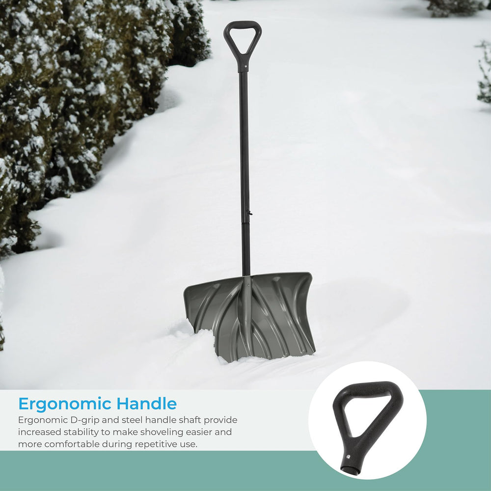 Suncast shovel in use pushing snow for faster clearing