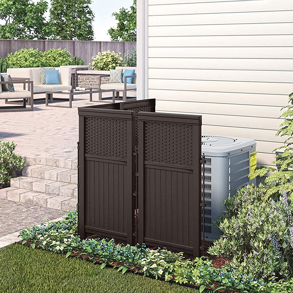 Suncast panel beside a standard trash can to show scale and concealment benefit