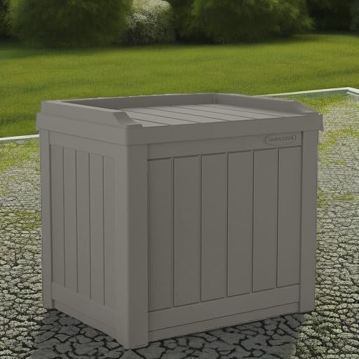 Suncast next to patio chair for scale shows compact footprint and placement options