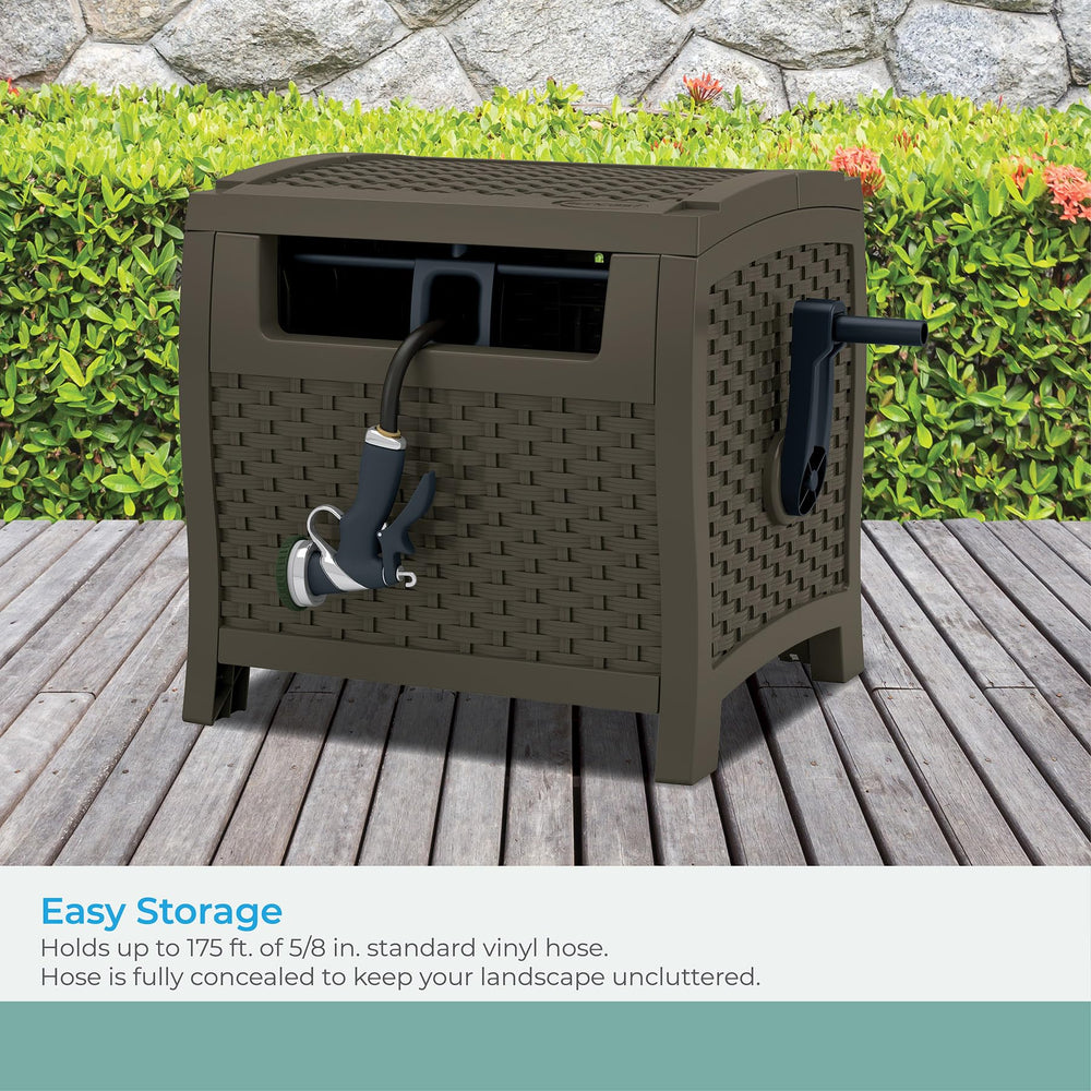 Suncast next to patio chair showing compact 23x23x18 inch footprint advantage