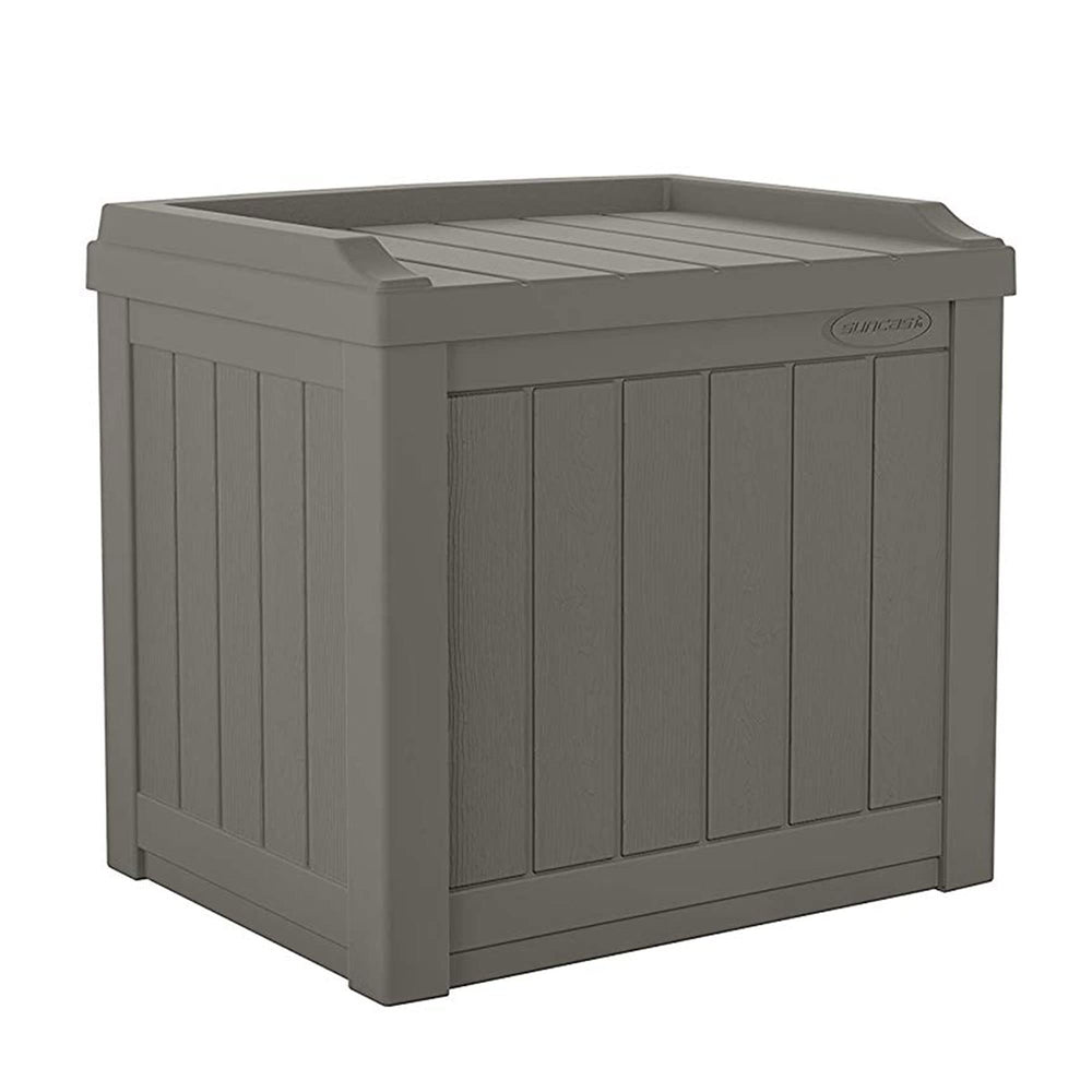 Suncast front view of stone gray box shows compact storage and curb appeal