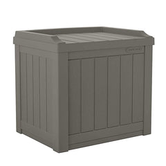 Suncast front view of stone gray box shows compact storage and curb appeal