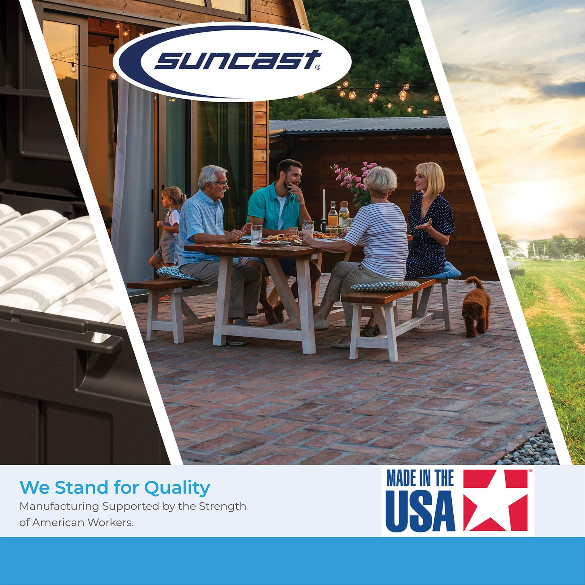 Suncast lid shedding rainwater to protect contents and reduce pooling