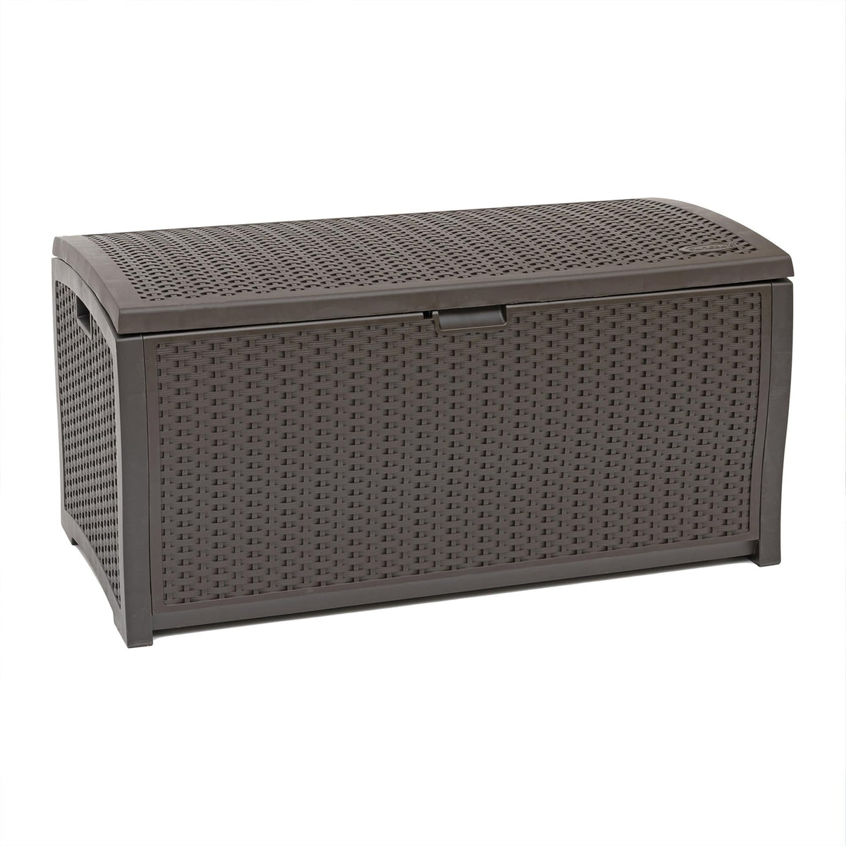 Suncast front view of wicker resin deck box showing neat storage appeal