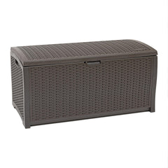 Suncast front view of wicker resin deck box showing neat storage appeal