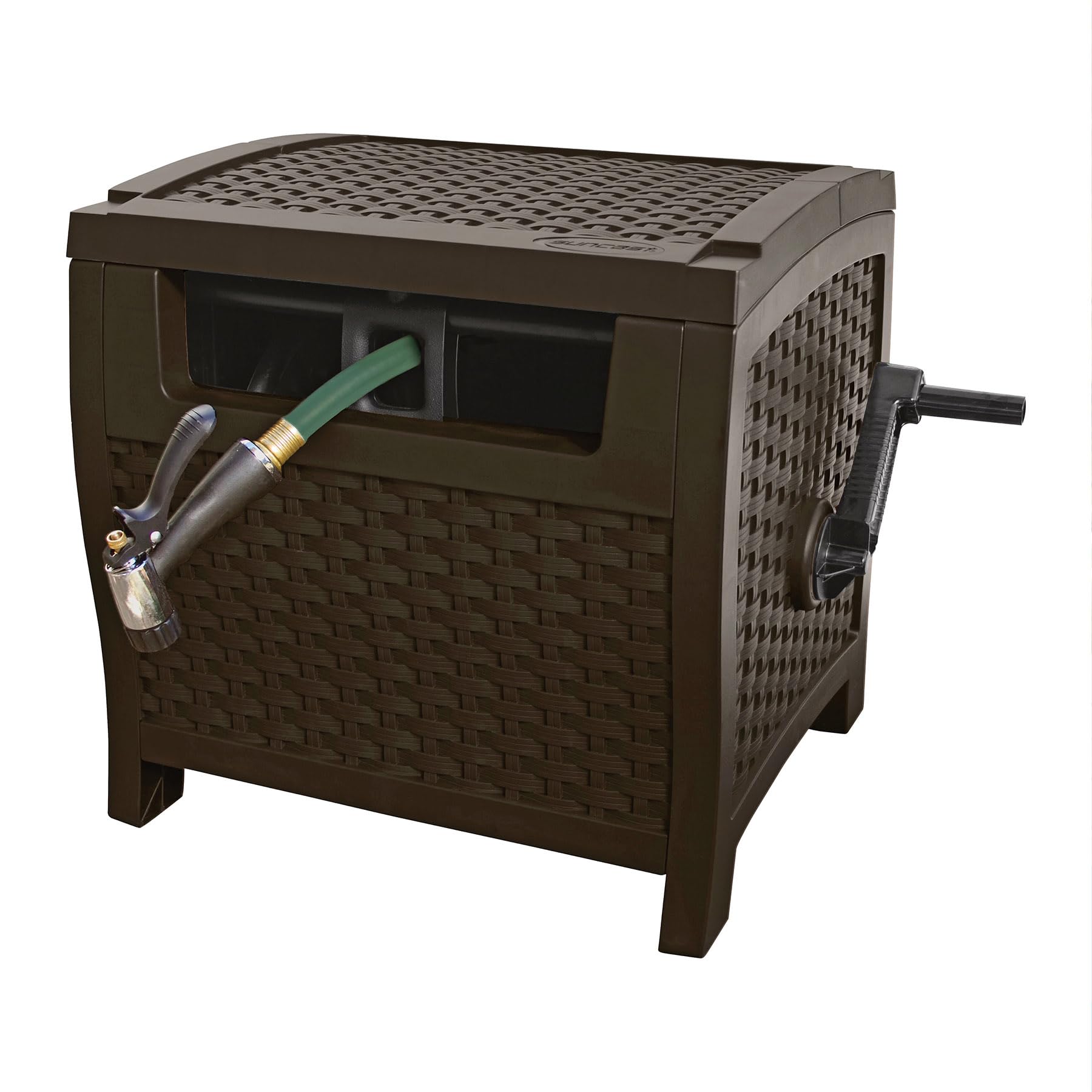Suncast front view of wicker style hideaway showing neat hose storage benefit