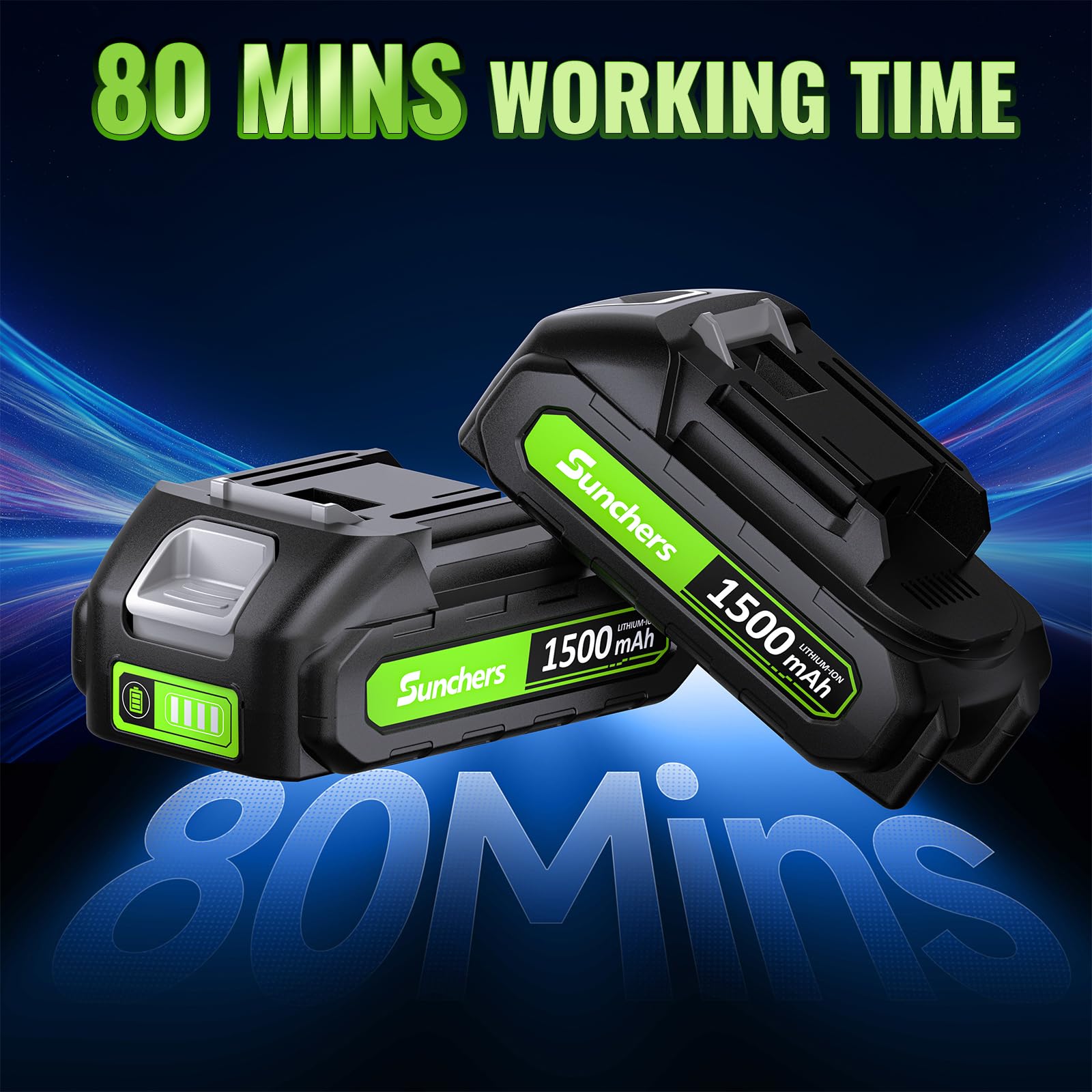 sunchers two lithium batteries next to charger for extended runtime