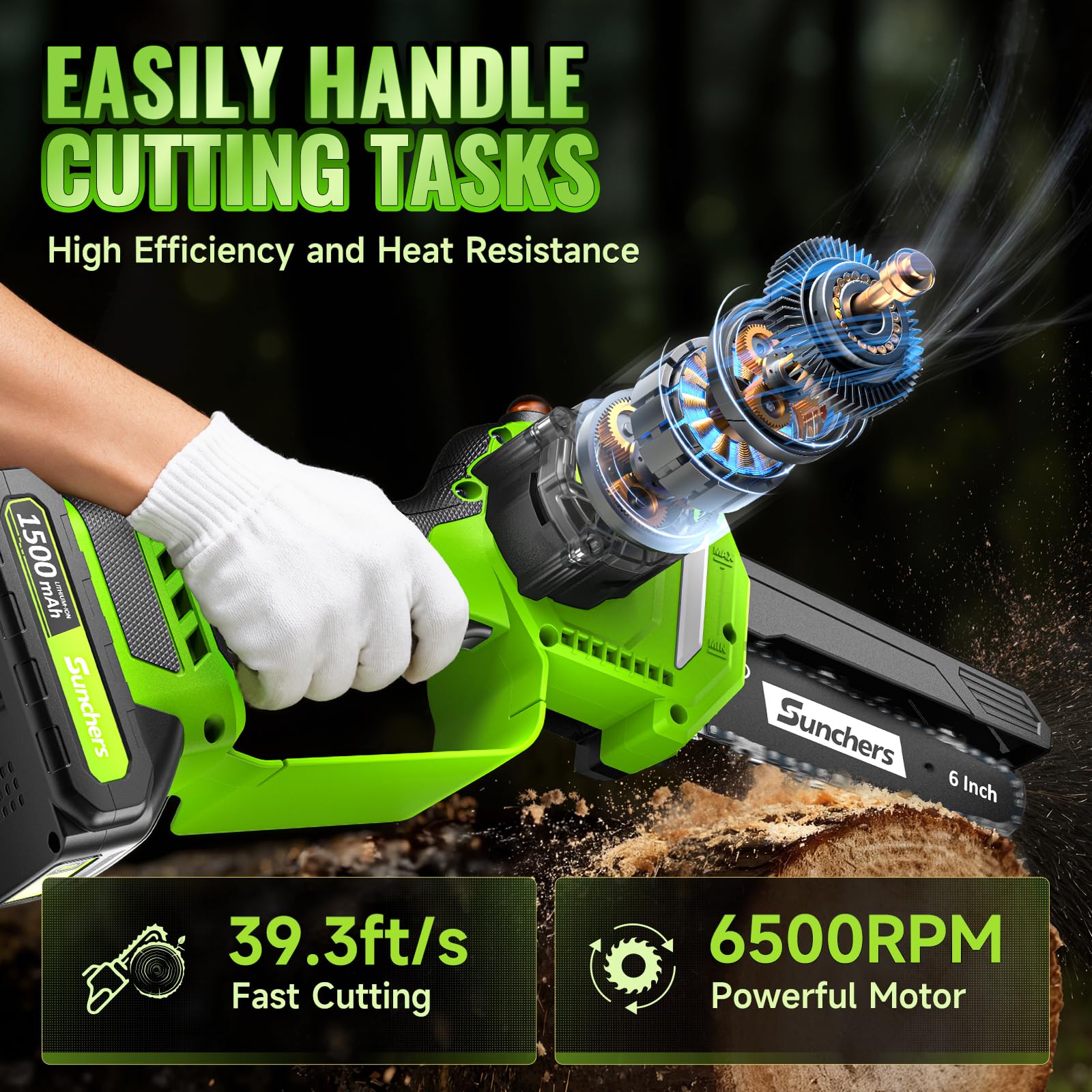 sunchers cordless chainsaw in a garden demonstrating portable convenience