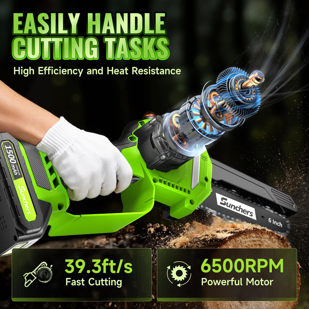 sunchers cordless chainsaw in a garden demonstrating portable convenience